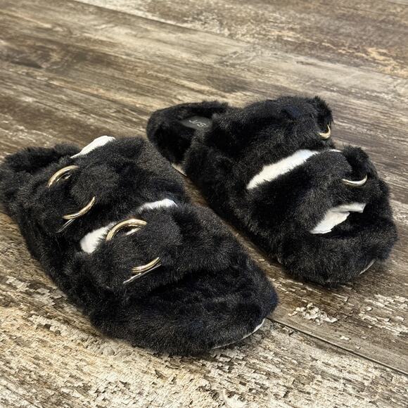 J/SLIDES Shoes - J/Slides NYC Shoes Womens Size 8 Black Faux Fur Bree Double Strap Slides NEW
